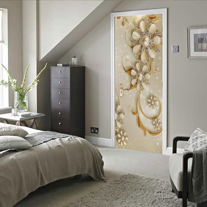 A.Monamour 3D Door Stickers for Interior Doors Luxury Flowers Golden Ornaments Vinyl Waterproof Self Adhesive Door Mural Decals for Bedroom Office Bathroom 85x200cm