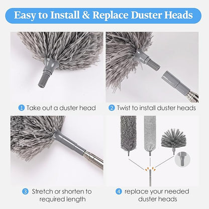 Cobweb Duster with Extension Pole, Washable Cleaning Microfiber Feather Duster 5-in-1 Kit with 3 Duster Heads, 100'' Bendable Extendable Long Duster for High Ceilings, Fans, Blinds, Furniture & Car