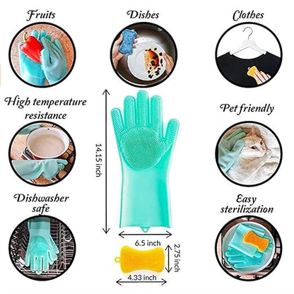 Dishwashing Gloves Cleaning Silicone Gloves with Cleaning Cloth Kitchen Accessories Dish Scrubber, Waterproof Cleaning (1 Pairs Green, 1 sponge)