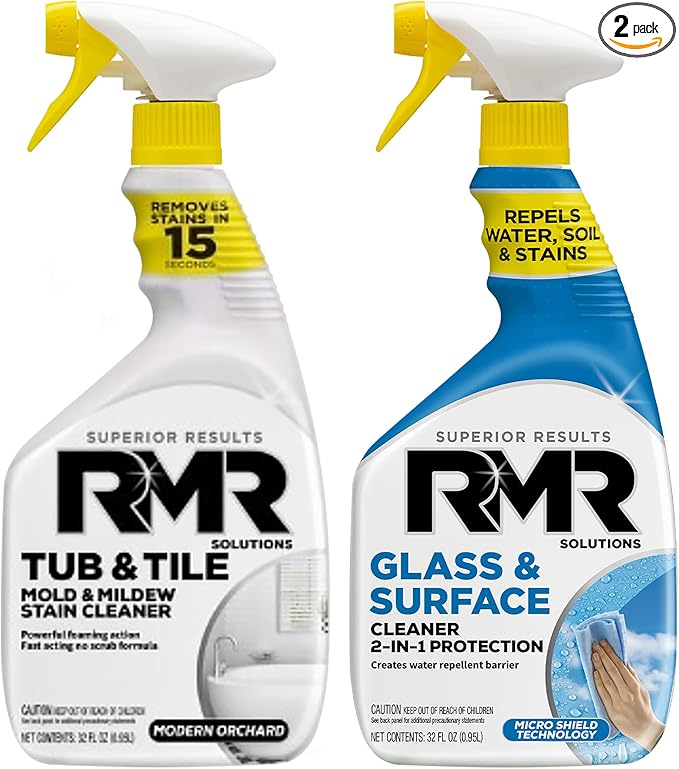 RMR Flawless Finish Bathroom Bundle – Tub & Tile Cleaner + Glass & Surface Cleaner Plus Repellent, 2-Step System for Shower, Tub, Tile, Grout, Glass Doors, & Mirrors, 2–32 Oz Bottles