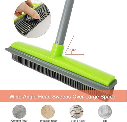 Push Broom Pet Hair Removal Broom with Squeegee,Soft Silicone Bristle Broom with Long Handle, Non Scratch Carpet Sweeper Brush for Cat/Dog Hair Hardwood Tile Windows(Green)