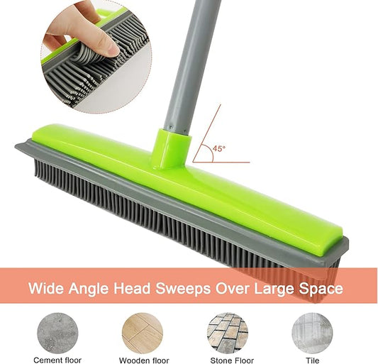 Push Broom Pet Hair Removal Broom with Squeegee,Soft Silicone Bristle Broom with Long Handle, Non Scratch Carpet Sweeper Brush for Cat/Dog Hair Hardwood Tile Windows(Green)