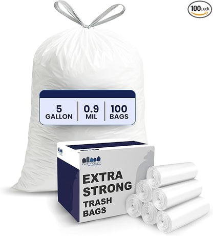 Plasticplace 5 Gallon Trash Bags - White Drawstring Garbage Bag Liners, 19" x 25" (100 Count) – Durable, Leak-Proof, Multi-Purpose Tall Kitchen, Bathroom, Office and Car TrashBags Plastic Bags 0.9 Mil