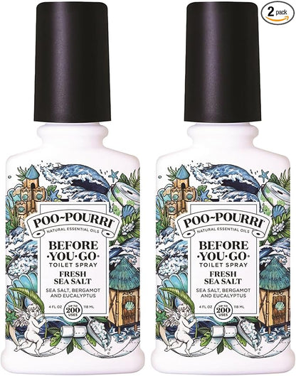 Poo-Pourri Before-You-Go Toilet Spray,Fresh Sea Salt,4 Fl Oz,Up to 200 Uses,Bathroom Odor Deodorizer,Plant-Based with Essential Oils,for Home or Work,Sea Salt,Bergamot & Eucalyptus Scent,(Pack of 2)