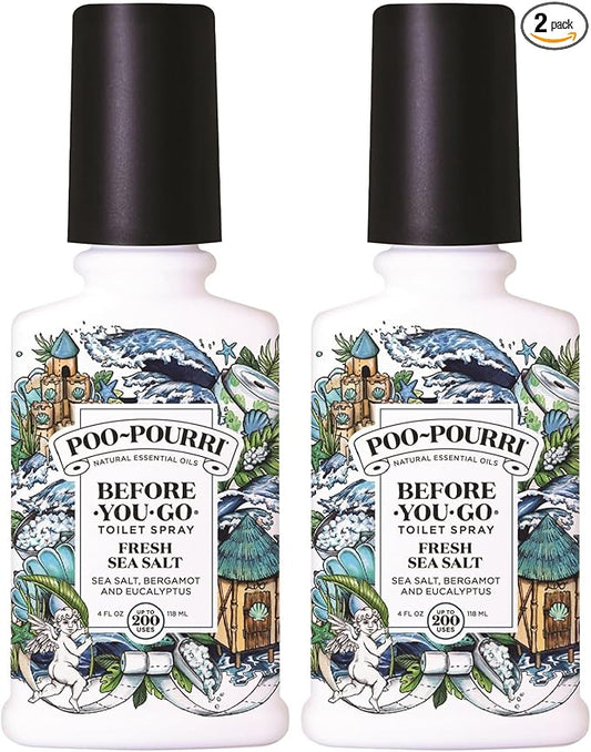 Poo-Pourri Before-You-Go Toilet Spray,Fresh Sea Salt,4 Fl Oz,Up to 200 Uses,Bathroom Odor Deodorizer,Plant-Based with Essential Oils,for Home or Work,Sea Salt,Bergamot & Eucalyptus Scent,(Pack of 2)