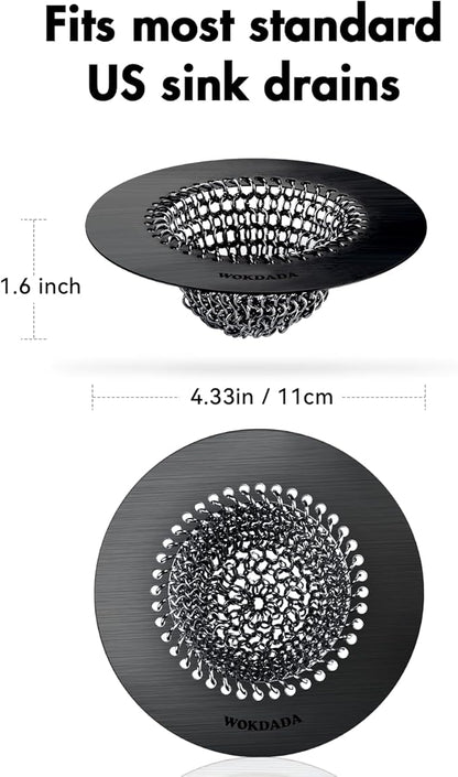Wokdada Black Kitchen Sink Strainer, Flippable Mesh Sink Drain Strainer, 304 Stainless Steel Sink Screen, Easy Clean Large Basket Strainer, Garbage Disposal Cover Fit for Standard Kitchen Drain