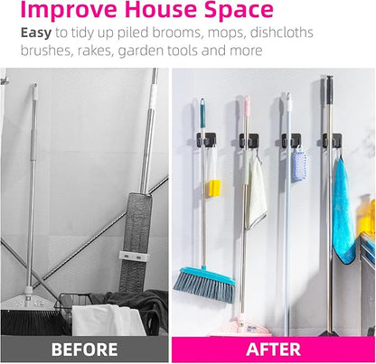 4 Pack Anti-Slip Broom Holder, Space-Saving, Damage-Free Wall Mount, Stainless Steel, Black