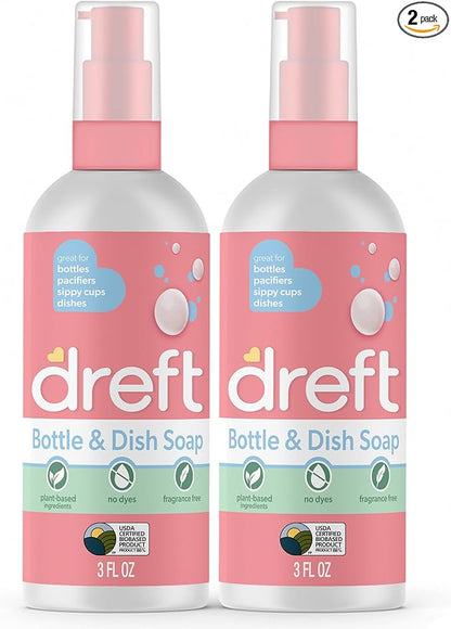 Dreft Bottle and Dish Soap | Made to Clean Baby Bottles, Sippy Cups, Pacifiers, Breast Pumps, & More | Gently Removes Milk Film & Odors | Plant Based, Fragrance Free Dish Soap | 3 Fl Oz (Pack of 2)