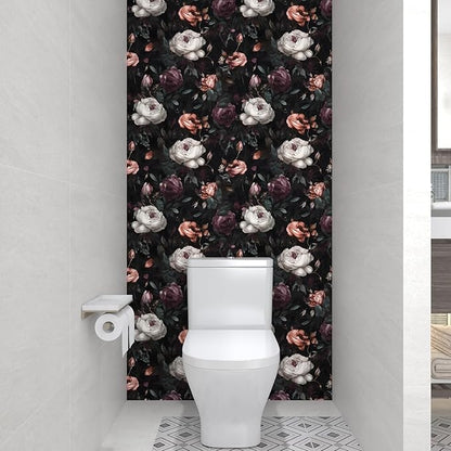 Laatse Dark Floral Peel and Stick Wallpaper, Vintage Rose Flower Contact Paper 17.5in x 197in Waterproof Self Adhesive Boho Black Wall Paper for Bedroom Walls Bookcase Drawers Decor