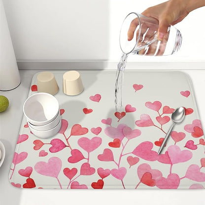 Valentine's Day Dish Drying Mat for Kitchen Counter Pink Love Heart Pattern Drying Mat 16x18 Inch Valentines Holiday Absorbent Dish Drainer Mat Kitchen Accessories
