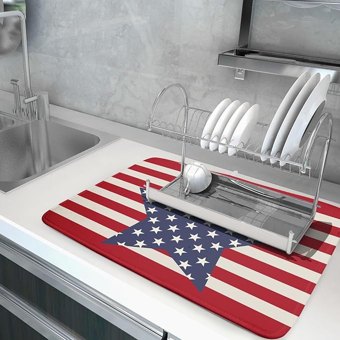 Blue Star Patriotic July of 4th Dish Drying Mat for Kitchen Counter 18x24 Independence Day Red Striped Absorbent Reversible Microfiber Drying Mats Kitchen Countertop Protector Dishes Drainer Rack Pad