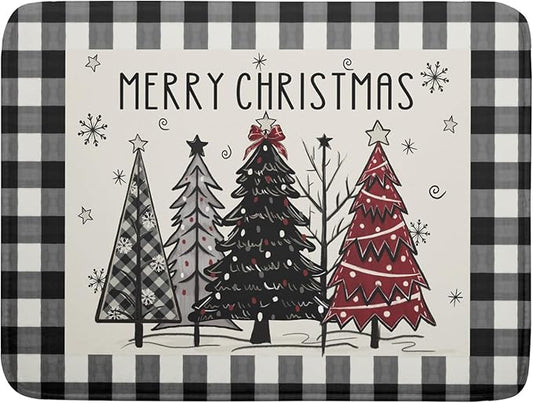 Merry Christmas Tree Dish Drying Mat for Kitchen Counter 18x24 Inch Black Red Grey Xmas Plaid Print Absorbent Reversible Microfiber Drying Mats Kitchen Countertop Protector Dishes Drainer Rack Pad