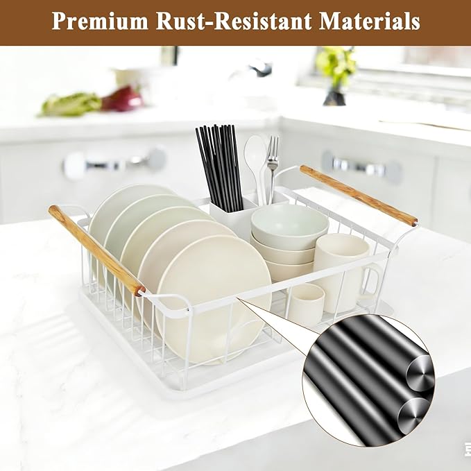 Dish Racks for Kitchen Counter, Thickened Metal Dish Drying Rack with Wooden Handles, Kitchen Countertop Organizer for Dishes, Spoons and Forks, No Assembly, White, 16.7''*12.6''*5.12''