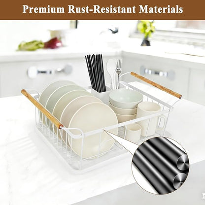 Dish Racks for Kitchen Counter, Thickened Metal Dish Drying Rack with Wooden Handles, Kitchen Countertop Organizer for Dishes, Spoons and Forks, No Assembly, White, 16.7''*12.6''*5.12''