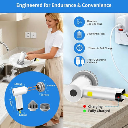 3000mAh Cordless Electric Spin Scrubber, 20W High-Torque IPX7 Waterproof Cleaning Brush with 6 Replaceable Heads, Dual Speed 150-180 Mins Runtime for Kitchen Bathroom Car