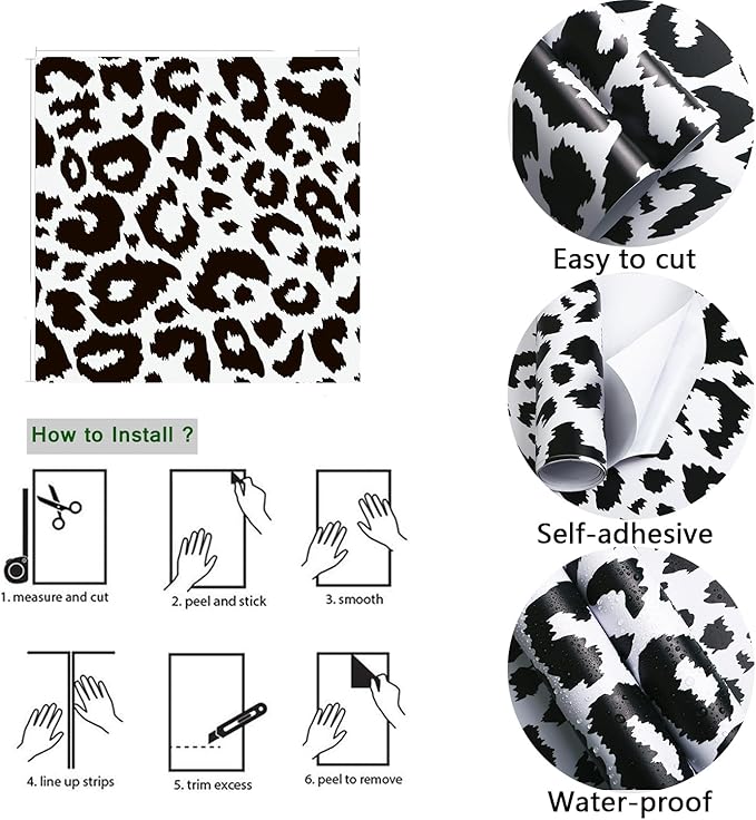 Ismoon Delicate Black and White Peel and Stick Wallpaper 17.3"X393" Leopard Wallpaper Modern White Contact Paper Thickened Removable Self-Adhesive Wall Paper for Home Decoration Vinyl Film Roll