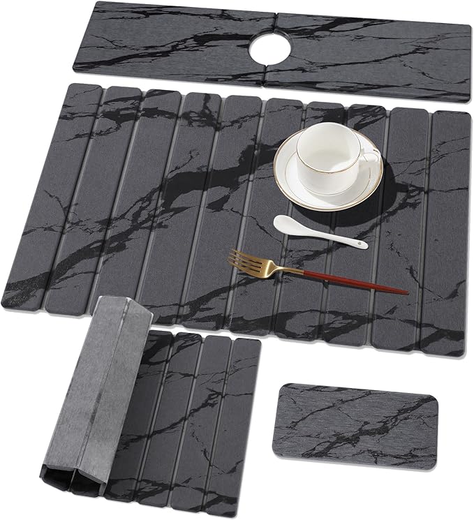 3 PCS Large Stone Dish Drying Mat for Kitchen Counter, Quick Dry Diatomaceous Earth Mat with Sink Faucet Pad, Marble Water Absorbing Stone Drying Mats for Dishes, Bottles and Cups