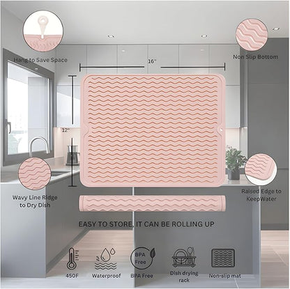 Silicone Drying Mat 16 × 12 – Pink Rose Non-Slip Sink Mat for Kitchen Counter, Heat-Resistant Food-Grade Dish Pad, Easy-Clean Multipurpose Drawer Liner (Pink Rose, 16" x 12")
