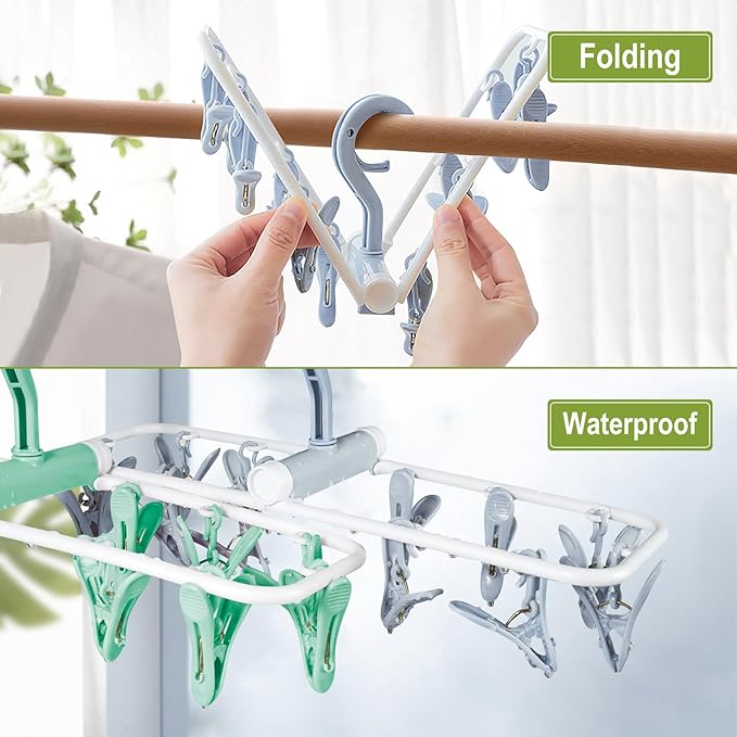 Aolloa Clothes Drying Hanger with 12 Clips, 2 Pack Folding Portable Hanging Drying Rack,Drip Foldable Hanging Rack, 360° Rotatable Hook for Drying Towels Bras Baby Clothes Gloves Plastic(Blue&Green)