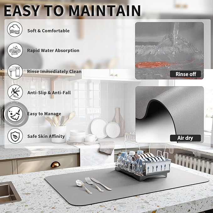 HotLive Dish Drying Mat for Kitchen Counter, Heat Resistant Drainer Mats with Non-slip Rubber Backed, Hide Stain Kitchen Super Absorbent Draining Mat, Easy to Clean Dish Rack Pad, Grey 18"x28"