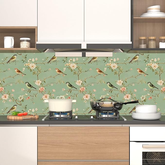 Laatse Green Floral Wallpaper Peel and Stick Bird Wallpaper Pink Flower Contact Paper 17.5" × 118" Waterproof Vinyl Self Adhesive Vintage Wall Paper for Bedroom Walls Cabinet Locker Decor