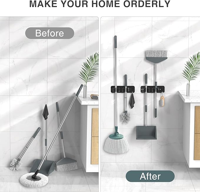 homeasy Wall Mount Mop and Broom Holder, Heavy Duty Stainless Steel Organizer Rack with Hooks | 4-Pack, 2-in-1 No Drill & Screw Installation, Black