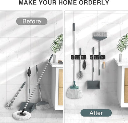 homeasy Wall Mount Mop and Broom Holder, Heavy Duty Stainless Steel Organizer Rack with Hooks | 4-Pack, 2-in-1 No Drill & Screw Installation, Black