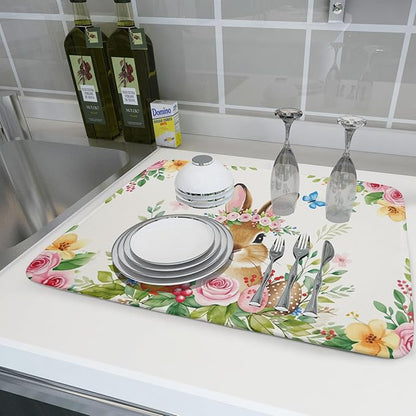 Easter Egg Bunny Dish Drying Mat 18 x 24 Inch With Absorbent Reversible Microfiber Spring Floral Flower Rabbit Butterfly Holiday Drying Mats Fast Dry Pad Draining Mat For Kitchen Countertop