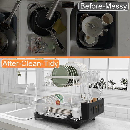 Dish Drying Rack - 2-Tier 304 Stainless Steel Dish Rack for Kitchen Counter , Adjustable Spout Auto-Draining Dish Rack, Kitchen Organizers and Storage Rack with Drainboard and Cutlery Holder Black