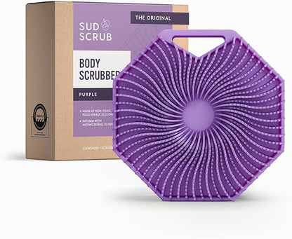 Sud Scrub® Antimicrobial Silicone Body Scrubber, Exfoliating Body Brush for Sensitive Skin, Antibacterial Shower Scrubber for Body, Bathroom Essentials for Men & Women, Purple