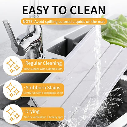 Stone Dish Drying Mat for Kitchen Counter, 24''×16'' Quick Dry Stone Dish Matt Collapsible Water Absorbing Diatomaceous Earth Drying Organizer Mat for Dishes Bottles Cups, Any Countertop(White Marble)