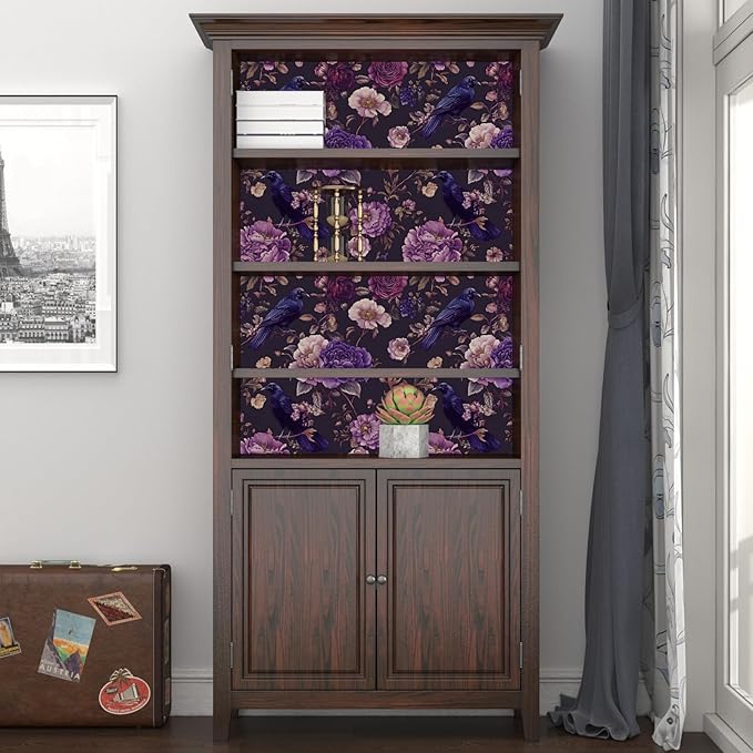 Crow Wallpaper Peel and Stick, Dark Purple Raven Bird Floral Contact Paper, Vintage Witchy Goth Wall Paper Self Adhesive Removable Waterproof for Bathroom Shelf Cabinet Drawer Table 17.5" x 118"