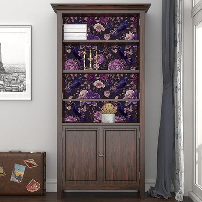 Dark Crow Birds Peel and Stick Wallpaper, Purple Raven Floral Contact Paper 17.5" x 393", Vintage Witchy Wall Paper Self Adhesive Removable Waterproof for Bathroom Bedroom Shelf Cabinet Drawer Table