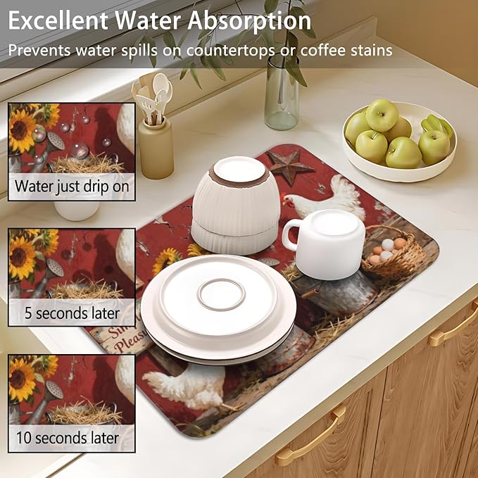 Dish Drying Mat for Kitchen Counter 2 Pack with Non-Slip Rubber Backing - Heat-Resistant Absorbent Coffee Bar Mat, Dish Rack Mat, Rooster Dish Drying Mats 18x24+19.5x12 inch