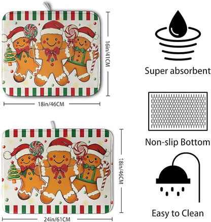 Christmas Dish Drying Mat Gingerbread Man Candy Cane Xmas Tree Drying Mats for Kitchen Counter Winter Holiday Dish Drainer Pad Absorbent Microfiber Dish Draining Mat 18x24 Inch