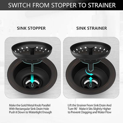 Kitchen Sink Drain Bronze 3-1/2 Inch Stainless Steel Kitchen Drain Strainer Assembly Kit with Strainer Basket and Drain Stopper for Standard Sink Drains Oil Rubbed Bronze