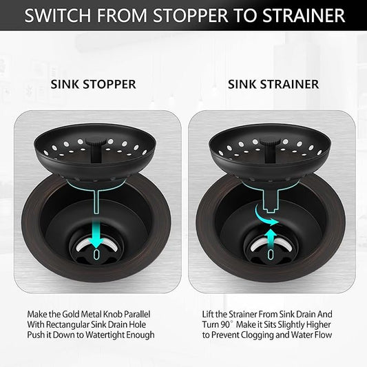 Kitchen Sink Drain Bronze 3-1/2 Inch Stainless Steel Kitchen Drain Strainer Assembly Kit with Strainer Basket and Drain Stopper for Standard Sink Drains Oil Rubbed Bronze