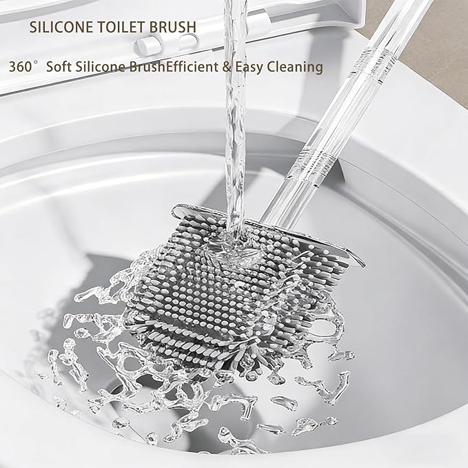 Silicone Toilet Brush with Holder Deep Cleaning Toilet Brush with Flexible Bristles Floor Standing & Wall Mounted Space Saving for Bathroom Modern Design Quick Drying Easy to Assemble Silver