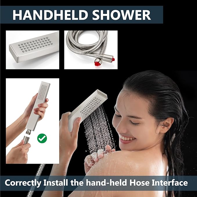 Aolemi Ceiling Mount Shower System Rain Shower Head with Handheld Spray High Pressure Shower Faucet Set Rough-in Valve Shower Trim Kit Included Bathroom Brushed Nickel 12 Inch Ceiling Shower Head