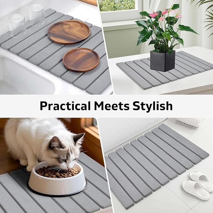 Large Stone Dish Drying Mat for Kitchen Counter, 24"(L)×16"(W), Collapsible Quick Dry Dish Drying Mat, Ultra Absorbent Diatomaceous Earth Mats for Dishes Bottles Cups, Match Any Countertop (Dark Grey)