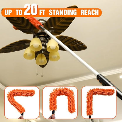 LAANPOLE 20FT High Reach Duster Cleaning Kit with Extension Pole, High Ceiling Fan Cleaner Duster Tool for Fan Blades, Window Washing Kit with Microfiber Feather Duster & Window Squeegee