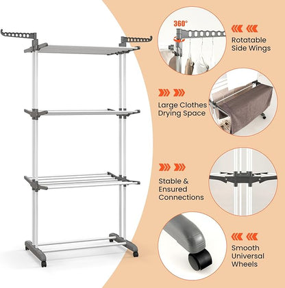 Tangkula 4-Tier Foldable Clothes Drying Rack, Oversized Drying Rack w/Lockable Wheels & Rust-Proof Metal Frame, Indoor Outdoor Large Drying Hanger w/Adjustable Gullwings, Movable Laundry Hanger