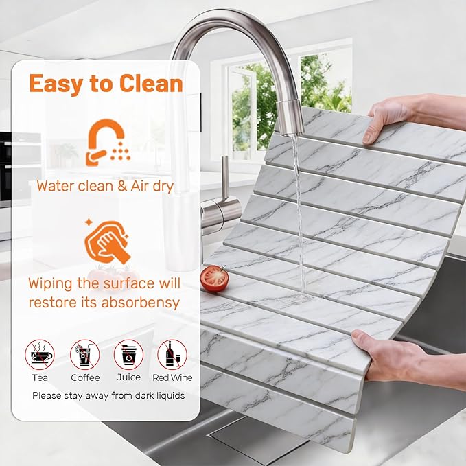 Dish Drying Mats, Large 24x16 Inch Diatomaceous Earth Drying Mat / Fast-Absorbing,Non-Slip Stone Drying Mat For Kitchen Counter / Eco-Friendly for Dishes (Gray Marble)