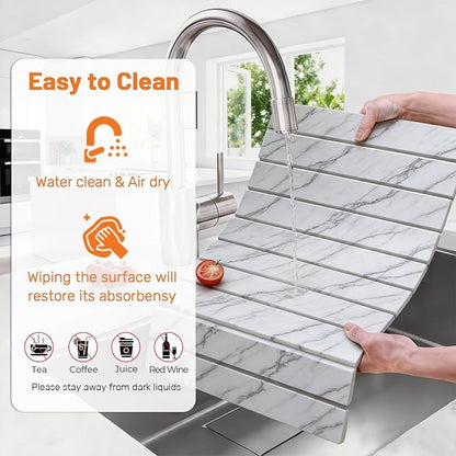 Dish Drying Mats, Large 24x16 Inch Diatomaceous Earth Drying Mat / Fast-Absorbing,Non-Slip Stone Drying Mat For Kitchen Counter / Eco-Friendly for Dishes (Gray Marble)