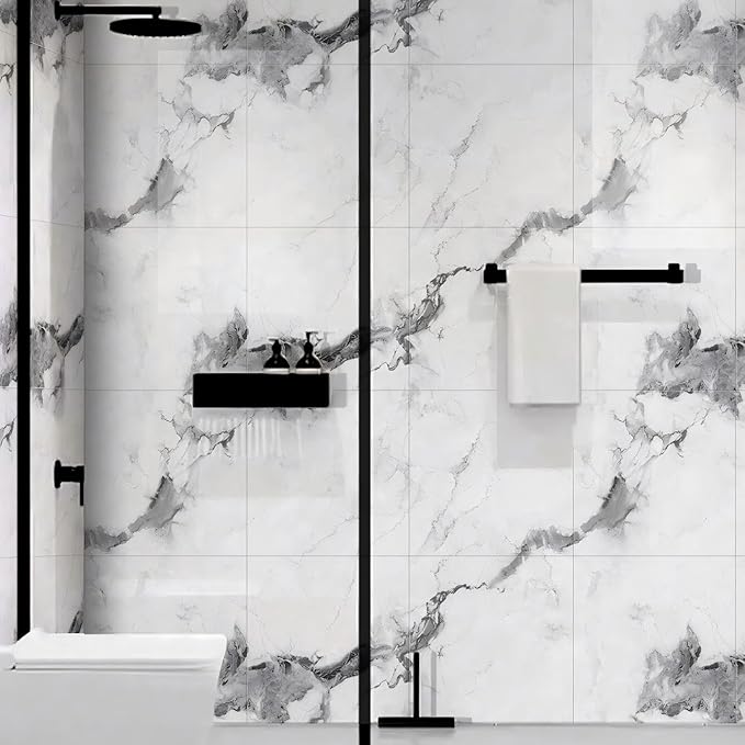 Chejiaye 22pcs Marble Peel and Stick Backsplash Waterproof Washroom Wall Panels, Peel and Stick Tile, PVC Foam Wall Panels for Kitchen,Bathroom,Living Room,White and Grey(Not Real Tile,11.8" x 11.8")