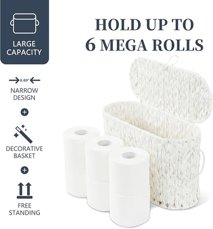 Toilet Paper Basket,Wicker Toilet Paper Storage with Lid,Decorative Boho Wicker Basket for Bathroom,Free Standing-Cream White