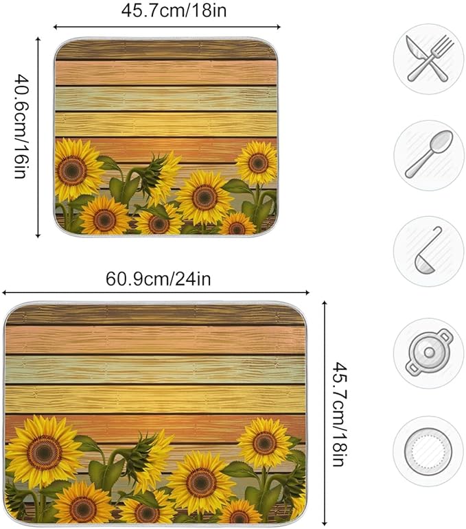 Super Absorbent Dish Drying Mat, Microfiber Fast-Drying Dish Mat, 24" x 18", Kitchen Dish Drying Pad, Sunflower On Wooden Board Vintage