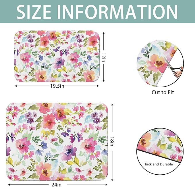 Dish Drying Mat for Kitchen Counter 2 Pack with Non-Slip Rubber Backing - Heat-Resistant Absorbent Coffee Bar Mat, Dish Rack Mat, Watercolor Flower Dish Drying Mats 18x24+19.5x12 inch
