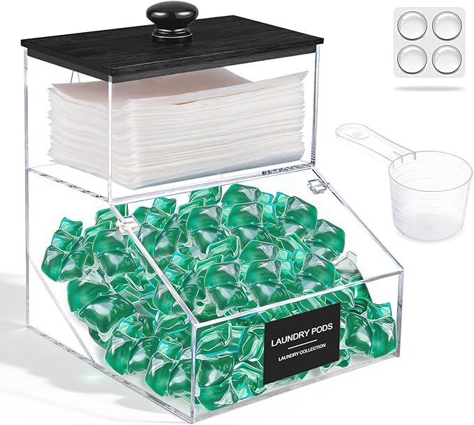 2 in 1 Dryer Sheet Holder & Laundry Pods Container, Laundry Detergent Organizer Container with Lid, Acrylic Laundry Room Organization Storage Containers with Labels, Dishwasher Pod Holder