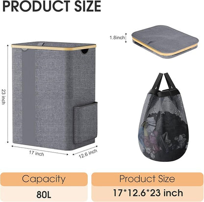 Laundry Basket Clothes Hamper with Lid and Pocket Large Collapsible Laundry Baskets with Handle, Freestanding Hampers for Bedroom Aesthetic, Dorm, Bathroom, Laundry Room (80L,Light Grey)